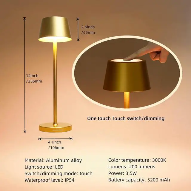 Alt view image 5 of 7 - Rechargeable Table Lamp Set of 2,with Touch Dimming and IP54 Waterproof Function Desk Lamp,Suitable for Indoor and Patio Lighting Gold 2 Pcs