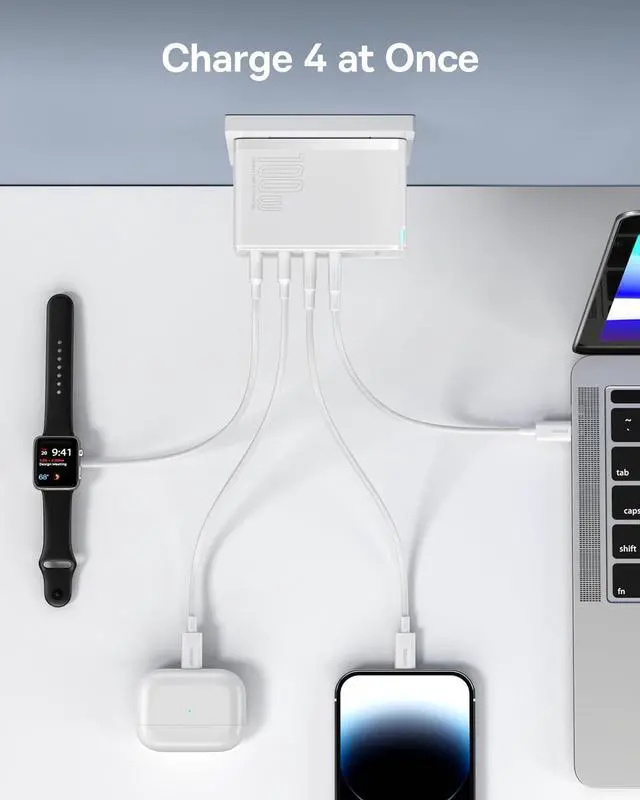 Alt view image 3 of 7 - USB C Charger, Baseus 100W 4-Port GaN II Wall Charger, Fast USB C Tablets Charger Block for iPhone 15/14/13/12/11/, Samsung, MacBook Pro/Air, iPad, Laptops, AirPods, Apple Watch, White