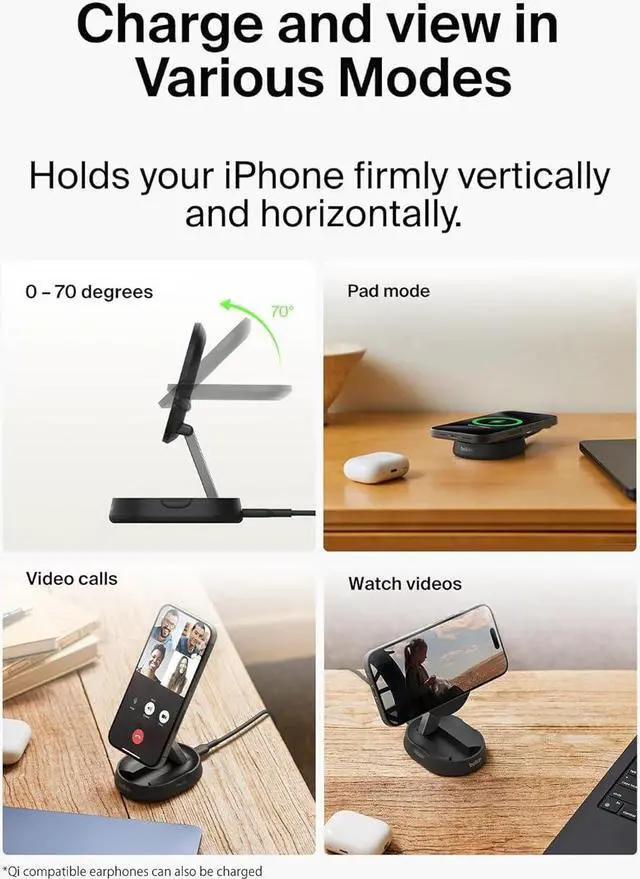 Alt view image 3 of 7 - Belkin Convertible Magnetic Charging Stand 15W - MagSafe-Compatible Fast Qi2 Charger for Apple iPhone 15, 14, 16, 16 Plus, 16 Pro, 16 Pro Max, Airpods Pro, & More - Black