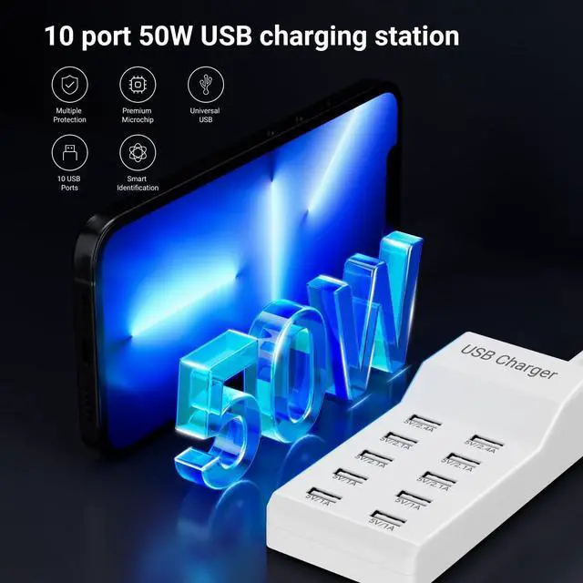 Alt view image 3 of 6 - 10-Port USB Charger Block - 50W10A Multi USB Charging Station for iPhone/iPad/Samsung Galaxy Note Tablet Android Smartphone(White)