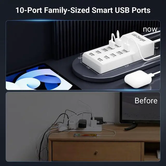 Alt view image 4 of 6 - 10-Port USB Charger Block - 50W10A Multi USB Charging Station for iPhone/iPad/Samsung Galaxy Note Tablet Android Smartphone(White)