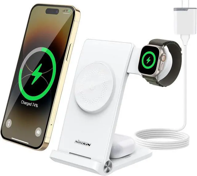 Main image of Nillkin 3 in 1 Charging Station for Apple Devices, Foldable&Portable Magsafe Charger Stand for iPhone 15/14/13/12 Pro Max/Pro, Only for Apple Watch Ultra/8/7/SE/6/5/4/3/2, for AirPods