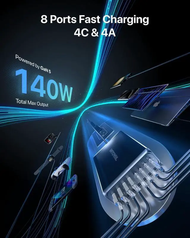 Alt view image 2 of 6 - Intoval 140W USB C Charger Block: 8-Port Charging Station for Multiple Devices iPhone, MacBook, Galaxy, iPad & More (K44,Black)