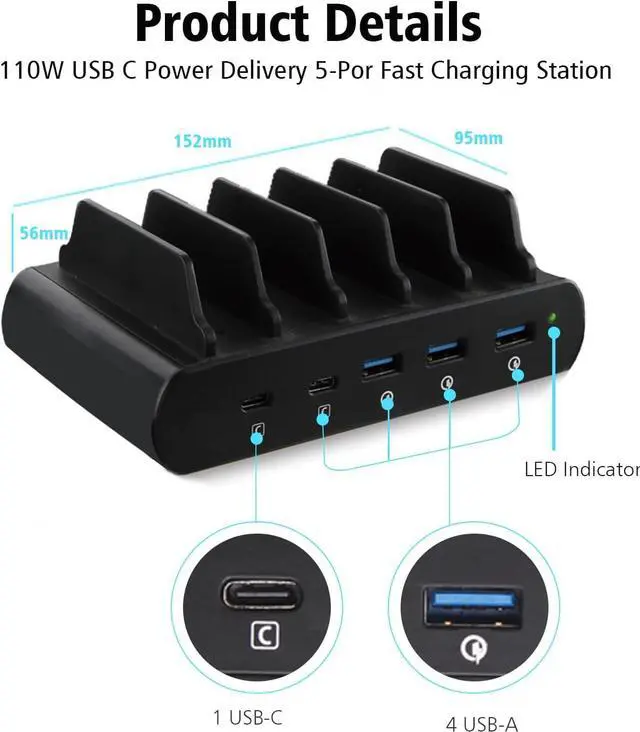 Alt view image 2 of 7 - 110W 5 Ports Fast Charging Station for Multiple Devices, Stand Organizer USB Type C Laptop Charger with USBC to C 100W Cable for Apple MacBook Pro Air, iPad iPhone & Android Phone Tablet, Black
