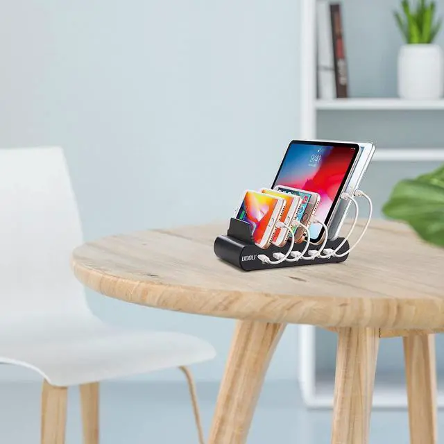 Alt view image 7 of 7 - 110W 5 Ports Fast Charging Station for Multiple Devices, Stand Organizer USB Type C Laptop Charger with USBC to C 100W Cable for Apple MacBook Pro Air, iPad iPhone & Android Phone Tablet, Black