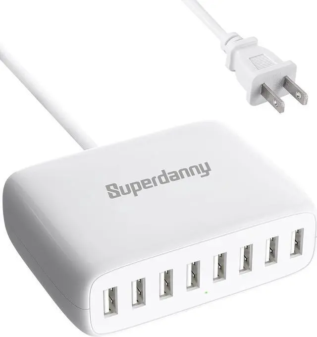 Main image of USB Charger Station, SUPERDANNY 8-Port Desktop Charging Station for Multiple Devices, Compatible with iPhone 11/X/Xs/Max/XR/SE/8/Plus, iPad Pro/Air/Mini, AirPods, Galaxy S10 Note, LG, and More, White
