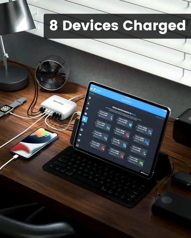 Alt view image 2 of 7 - USB Charger Station, SUPERDANNY 8-Port Desktop Charging Station for Multiple Devices, Compatible with iPhone 11/X/Xs/Max/XR/SE/8/Plus, iPad Pro/Air/Mini, AirPods, Galaxy S10 Note, LG, and More, White