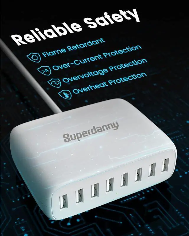 Alt view image 4 of 7 - USB Charger Station, SUPERDANNY 8-Port Desktop Charging Station for Multiple Devices, Compatible with iPhone 11/X/Xs/Max/XR/SE/8/Plus, iPad Pro/Air/Mini, AirPods, Galaxy S10 Note, LG, and More, White