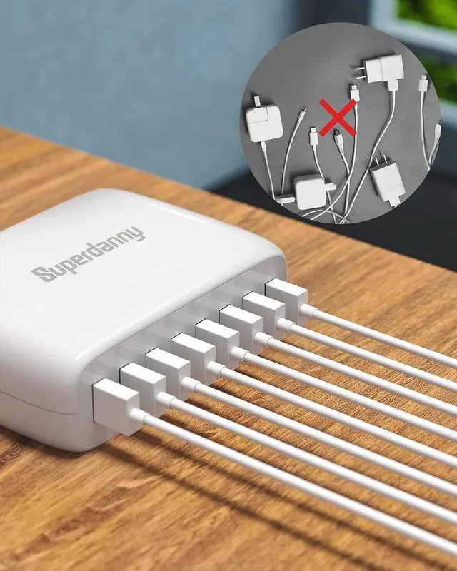 Alt view image 6 of 7 - USB Charger Station, SUPERDANNY 8-Port Desktop Charging Station for Multiple Devices, Compatible with iPhone 11/X/Xs/Max/XR/SE/8/Plus, iPad Pro/Air/Mini, AirPods, Galaxy S10 Note, LG, and More, White