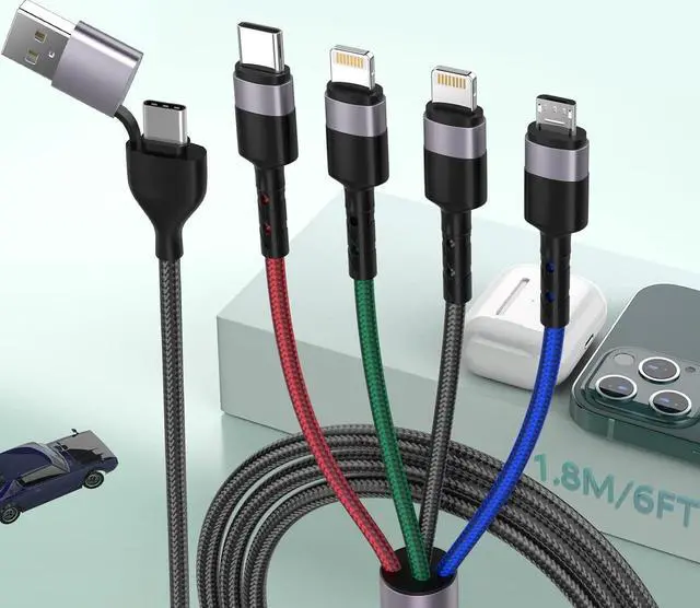 Main image of 6 in 1 Multi Universal 1.8M/6Ft Phone Charging CableUSB A/Type C to Lightning*2+Type C+Micro USB Nylon Braided Sync Charger Cord Adapter for Android/iPhone/iOS/Samsung/Huawei-Uber Signs for Car