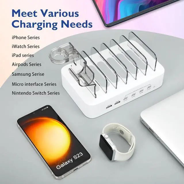 Alt view image 4 of 7 - USB C Charging Station for Multiple Devices Apple,100W 4 PD and 2 USB Charger Stations Compatible with Apple iPhone iPad and Android Phone and Tablet,Type C Multi Charging Station