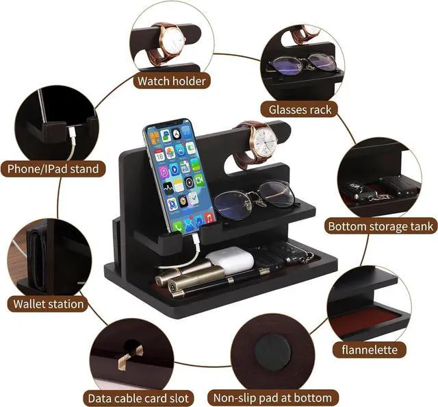 Alt view image 2 of 6 - Wood Phone Docking Station Gifts for Men, Bedside Organizer Charger Holder for Nightstand, Watch Key Holder Wallet Stand for Husband Dad Boyfriend Anniversary Birthday Gift, Black