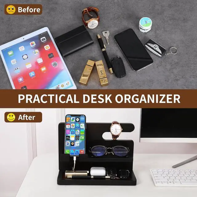 Alt view image 3 of 6 - Wood Phone Docking Station Gifts for Men, Bedside Organizer Charger Holder for Nightstand, Watch Key Holder Wallet Stand for Husband Dad Boyfriend Anniversary Birthday Gift, Black