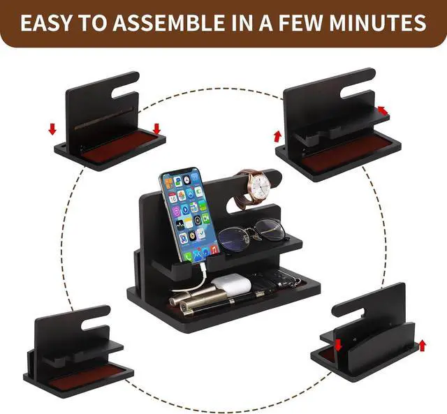 Alt view image 4 of 6 - Wood Phone Docking Station Gifts for Men, Bedside Organizer Charger Holder for Nightstand, Watch Key Holder Wallet Stand for Husband Dad Boyfriend Anniversary Birthday Gift, Black