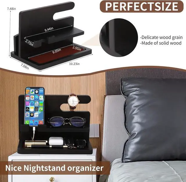 Alt view image 5 of 6 - Wood Phone Docking Station Gifts for Men, Bedside Organizer Charger Holder for Nightstand, Watch Key Holder Wallet Stand for Husband Dad Boyfriend Anniversary Birthday Gift, Black