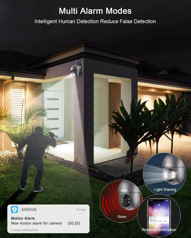 Alt view image 6 of 7 - ANRAN Security Camera Wireless Outdoor with 360° View, 2K Solar Outdoor Camera with Smart Siren, Spotlights, Color Night Vision, PIR Human Detection, Pan Tilt Control, 2-Way Talk, IP65, Q1 Grey