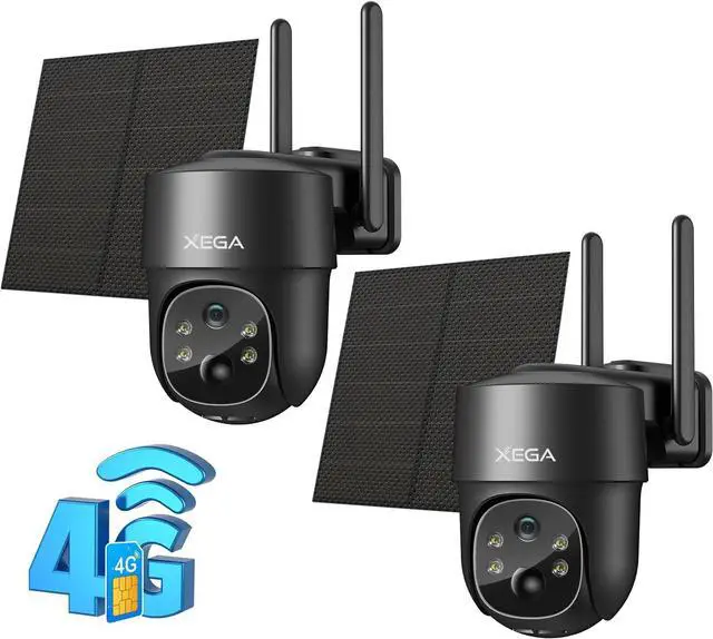 Main image of Xega 4G LTE Cellular Security Camera Solar with SIM Card2 Pack Wireless Outdoor No WiFi Security Camera,2K HD PTZ Night Vision Motion Detection 2 Way Talk TF&Cloud Storage IP66, Built-in SIM Card