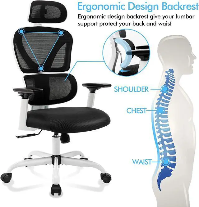Alt view image 2 of 5 - Primy Ergonomic Office Chair, Ergo 3D Computer Chair Breathable Mesh Desk Chair with Lumbar Support, High Back Gaming Chair with Adjustable Headrest and Armrests for Conference Room (White)