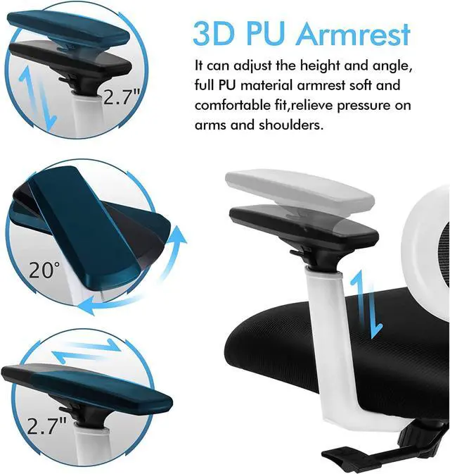 Alt view image 3 of 5 - Primy Ergonomic Office Chair, Ergo 3D Computer Chair Breathable Mesh Desk Chair with Lumbar Support, High Back Gaming Chair with Adjustable Headrest and Armrests for Conference Room (White)