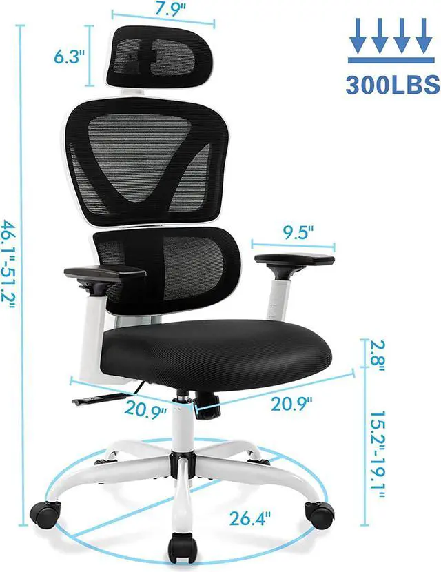 Alt view image 4 of 5 - Primy Ergonomic Office Chair, Ergo 3D Computer Chair Breathable Mesh Desk Chair with Lumbar Support, High Back Gaming Chair with Adjustable Headrest and Armrests for Conference Room (White)