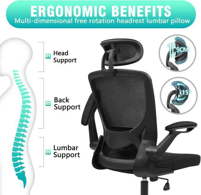 Alt view image 2 of 6 - Primy Ergonomic Office Chair, Breathable Mesh Desk Chair, Lumbar Support Computer Chair with Headrest and Flip-up Arms, Swivel Task Chair, Adjustable Height Gaming Chair(Black)