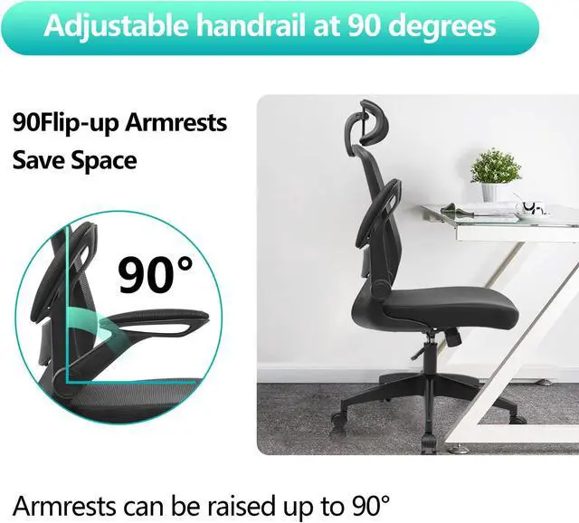 Alt view image 5 of 6 - Primy Ergonomic Office Chair, Breathable Mesh Desk Chair, Lumbar Support Computer Chair with Headrest and Flip-up Arms, Swivel Task Chair, Adjustable Height Gaming Chair(Black)