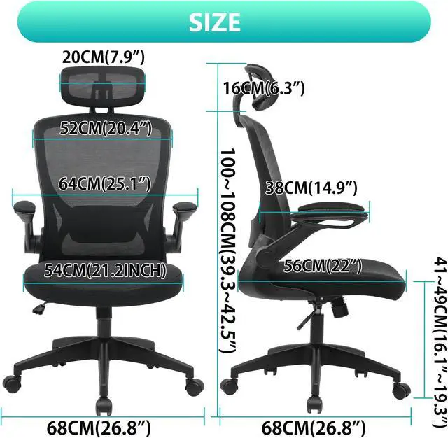 Alt view image 6 of 6 - Primy Ergonomic Office Chair, Breathable Mesh Desk Chair, Lumbar Support Computer Chair with Headrest and Flip-up Arms, Swivel Task Chair, Adjustable Height Gaming Chair(Black)