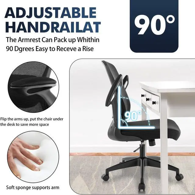 Alt view image 2 of 6 - Primy Ergonomic Office Chair, Breathable Mesh Desk Chair, Lumbar Support Computer Chair with Wheels and Flip-up Arms, Swivel Task Chair, Adjustable Height Home Gaming Chair