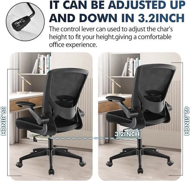 Alt view image 5 of 6 - Primy Ergonomic Office Chair, Breathable Mesh Desk Chair, Lumbar Support Computer Chair with Wheels and Flip-up Arms, Swivel Task Chair, Adjustable Height Home Gaming Chair