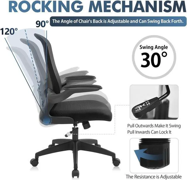 Alt view image 2 of 6 - Primy Office Chair, Ergonomic Desk Chair with Adjustable Height, Swivel Computer Mesh Chair with Lumbar Support and Flip-up Arms (Black)