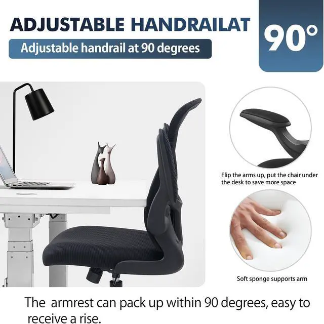 Alt view image 3 of 6 - Primy Office Chair, Ergonomic Desk Chair with Adjustable Height, Swivel Computer Mesh Chair with Lumbar Support and Flip-up Arms (Black)