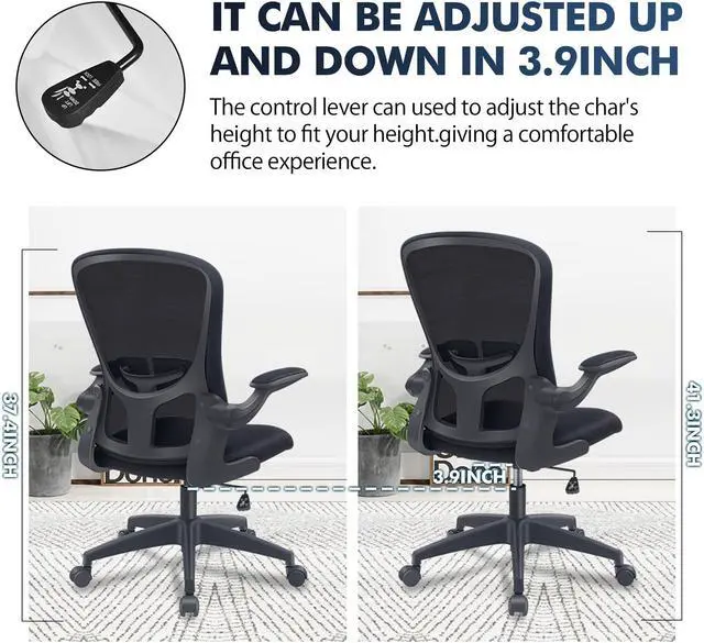 Alt view image 5 of 6 - Primy Office Chair, Ergonomic Desk Chair with Adjustable Height, Swivel Computer Mesh Chair with Lumbar Support and Flip-up Arms (Black)