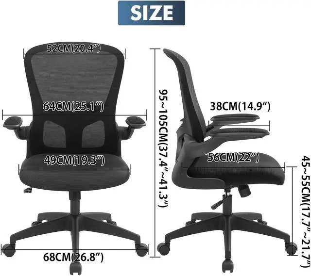 Alt view image 6 of 6 - Primy Office Chair, Ergonomic Desk Chair with Adjustable Height, Swivel Computer Mesh Chair with Lumbar Support and Flip-up Arms (Black)