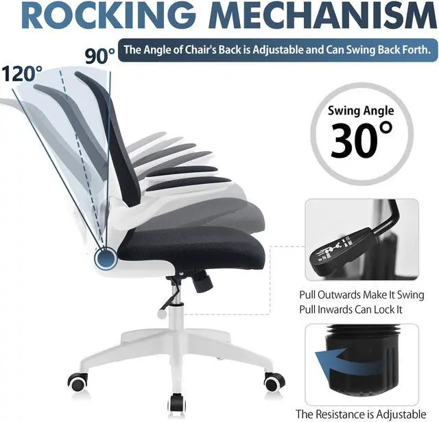 Alt view image 2 of 6 - Primy Office Chair, Ergonomic Desk Chair with Adjustable Height, Swivel Computer Mesh Chair with Lumbar Support and Flip-up Arms (White)