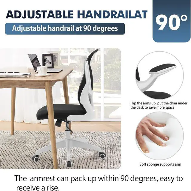 Alt view image 3 of 6 - Primy Office Chair, Ergonomic Desk Chair with Adjustable Height, Swivel Computer Mesh Chair with Lumbar Support and Flip-up Arms (White)