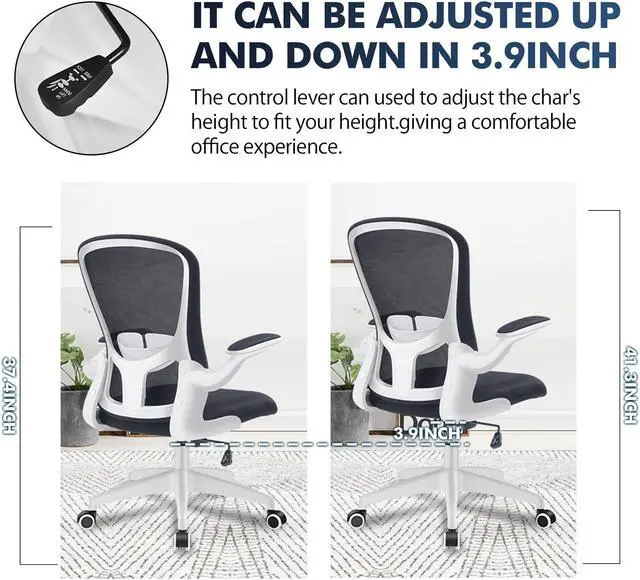 Alt view image 5 of 6 - Primy Office Chair, Ergonomic Desk Chair with Adjustable Height, Swivel Computer Mesh Chair with Lumbar Support and Flip-up Arms (White)