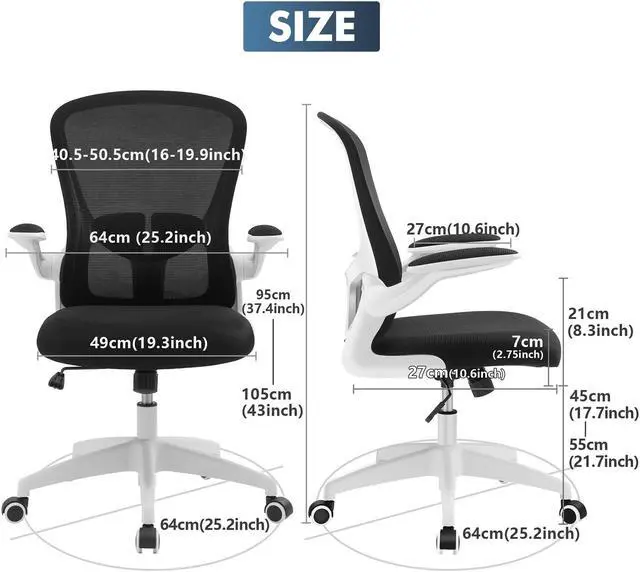 Alt view image 6 of 6 - Primy Office Chair, Ergonomic Desk Chair with Adjustable Height, Swivel Computer Mesh Chair with Lumbar Support and Flip-up Arms (White)