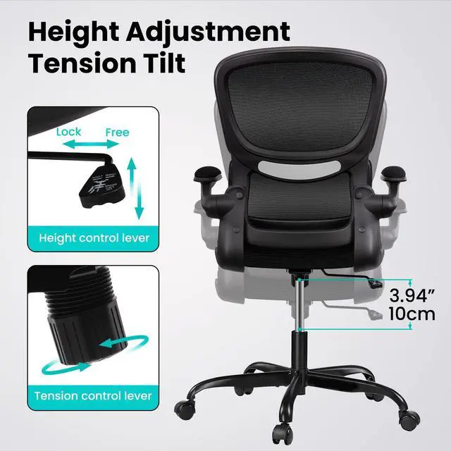Alt view image 7 of 7 - Office Chair, Ergonomic Desk Chair with Lumbar Support and Adjustable Armrests, Breathable Mesh Mid Back Computer Chair, Reclining Task Chair for Home Office