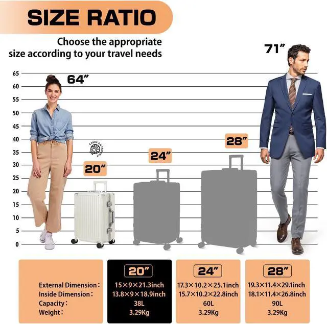 Alt view image 7 of 7 - Carry-On Luggage, Aluminum Frame PC ABS Hard Shell, Wheeled Suitcase with TSA Lock, No-Zipper Design, 20 inches White