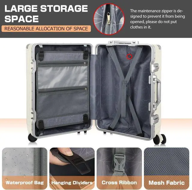 Alt view image 4 of 7 - Luggage Aluminum Frame PC ABS Hard Shell, Wheeled Suitcase with TSA Lock, No-Zipper Design, 24" White
