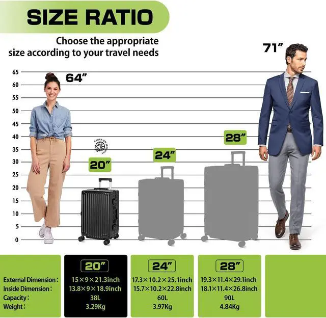 Alt view image 7 of 7 - Luggage Aluminum Frame PC ABS Hard Shell, Wheeled Suitcase with TSA Lock, No-Zipper Design, 24" Black