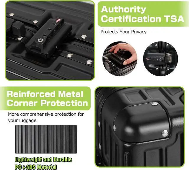 Alt view image 2 of 7 - Luggage Aluminum Frame PC ABS Hard Shell, Wheeled Suitcase with TSA Lock, No-Zipper Design, 24" Black