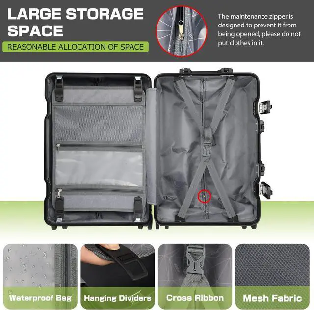 Alt view image 5 of 7 - Luggage Aluminum Frame PC ABS Hard Shell, Wheeled Suitcase with TSA Lock, No-Zipper Design, 24" Black