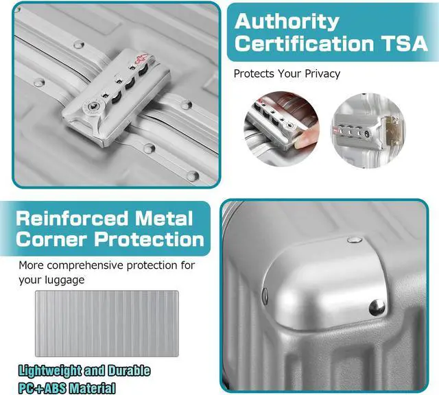 Alt view image 2 of 7 - Luggage Aluminum Frame PC ABS Hard Shell, Wheeled Suitcase with TSA Lock, No-Zipper Design, 24" Silver
