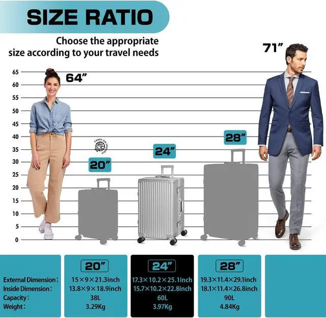 Alt view image 7 of 7 - Luggage Aluminum Frame PC ABS Hard Shell, Wheeled Suitcase with TSA Lock, No-Zipper Design, 24" Silver