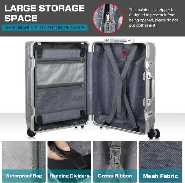 Alt view image 4 of 7 - Luggage Aluminum Frame PC ABS Hard Shell, Wheeled Suitcase with TSA Lock, No-Zipper Design, 24" Silver