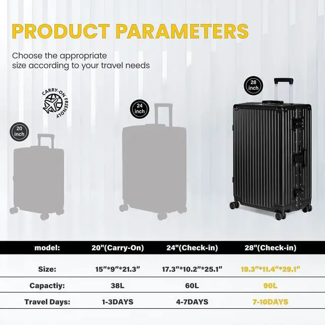 Alt view image 7 of 7 - Luggage, Aluminum Frame PC ABS Hard Shell, Wheeled Suitcase with TSA Lock, No-Zipper Design, 28 Black