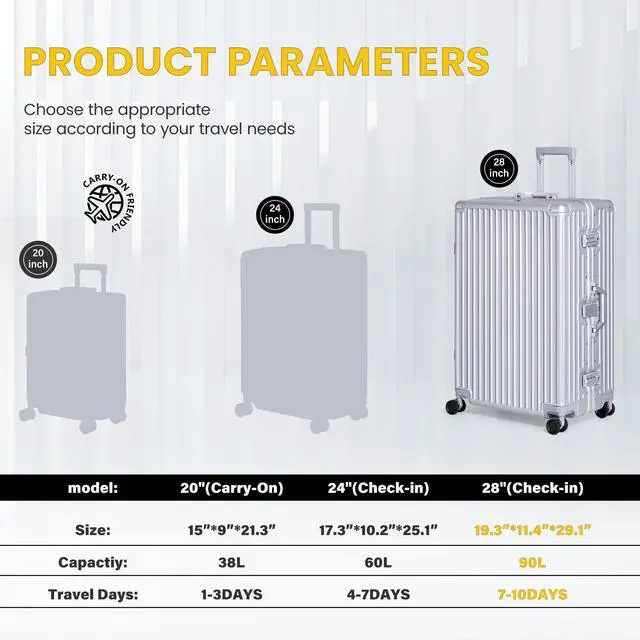 Alt view image 7 of 7 - Luggage, Aluminum Frame PC ABS Hard Shell, Wheeled Suitcase with TSA Lock, No-Zipper Design, 28 Silver