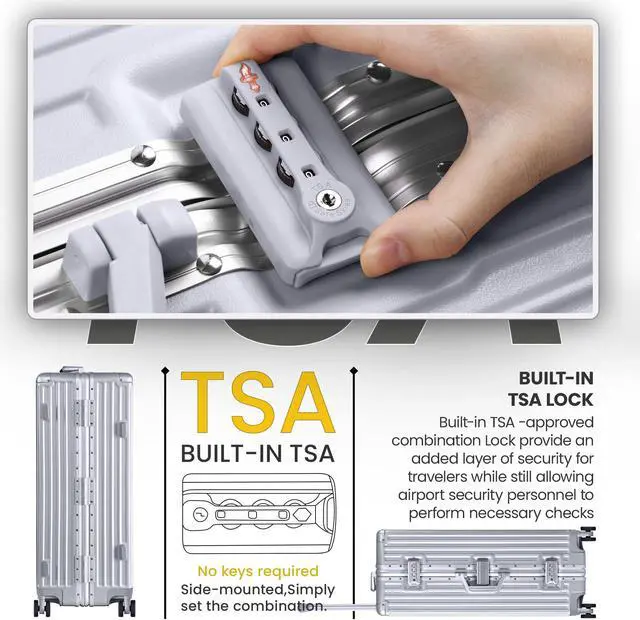 Alt view image 3 of 7 - Luggage, Aluminum Frame PC ABS Hard Shell, Wheeled Suitcase with TSA Lock, No-Zipper Design, 28 Silver