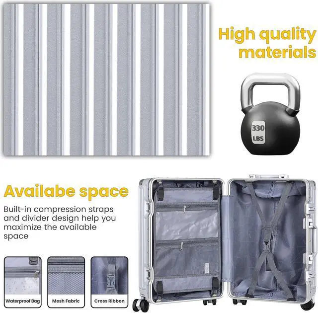 Alt view image 6 of 7 - Luggage, Aluminum Frame PC ABS Hard Shell, Wheeled Suitcase with TSA Lock, No-Zipper Design, 28 Silver